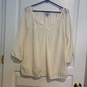 LOFT Cream Relaxed Smocked Blouse